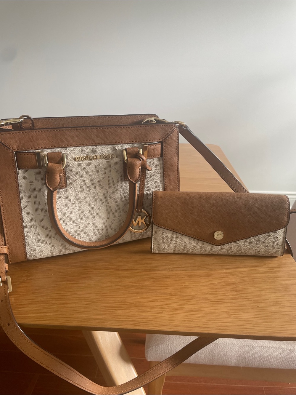Michael Kors Cream Signature Canvas Tote with Tan Leather Trim and Wallet